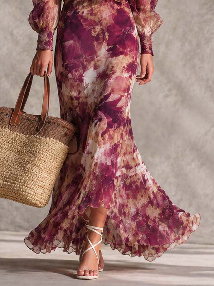 Françoise | Pink Chiffon Maxi Dress with Floral Print and Off-the-Shoulder Neckline