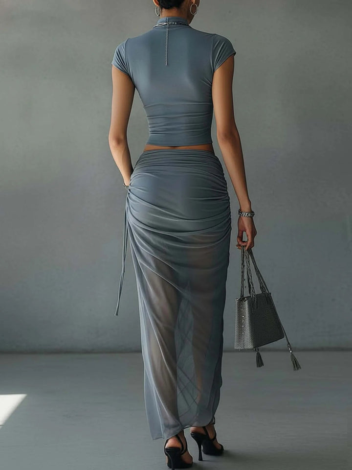 Jacqueline | Blue Cropped Tee and Sheer Tulle Draped Skirt Set