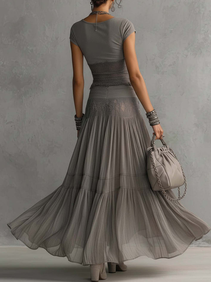 Christine™ | Grey Lace-Panelled Top and Long Pleated Skirt Set