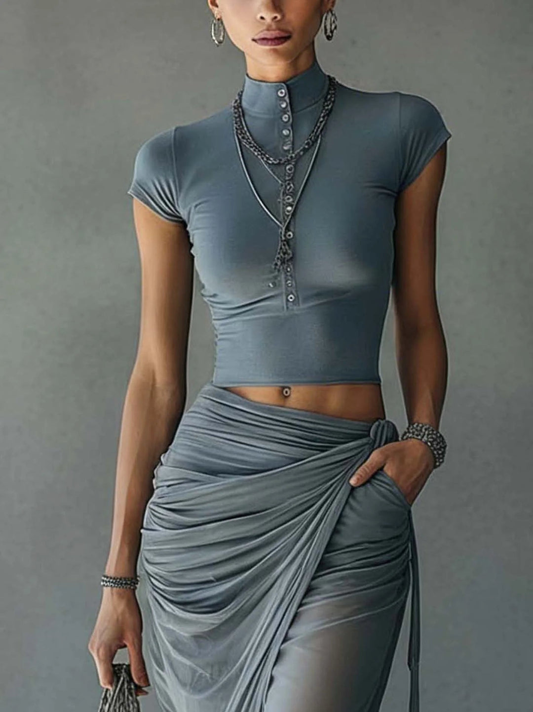 Jacqueline | Blue Cropped Tee and Sheer Tulle Draped Skirt Set
