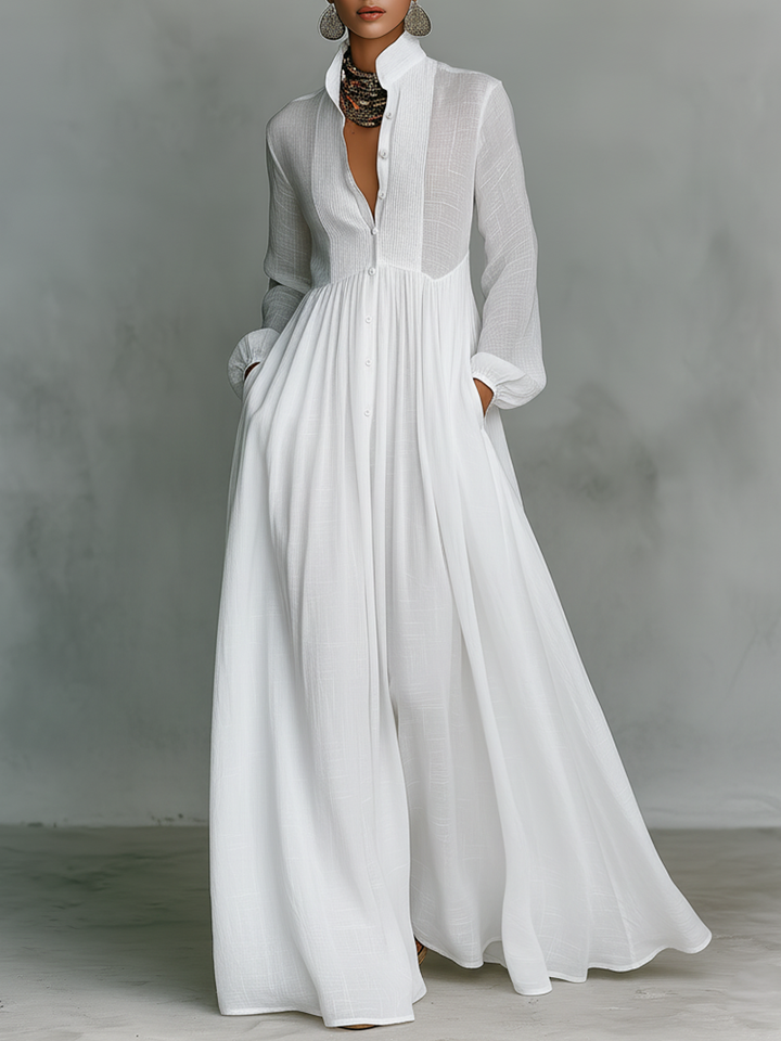 Maxi Minimalist Dress in Cotton &amp; Linen with Patchwork, High Collar and Long Sleeves