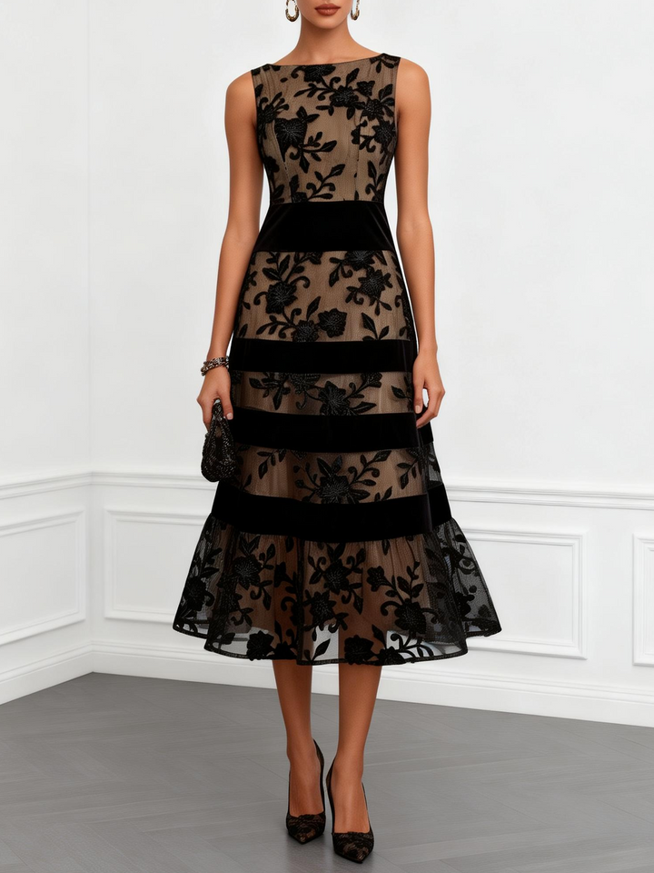 Solène | Black Tulle Sleeveless A-Line Midi Dress with Floral Print