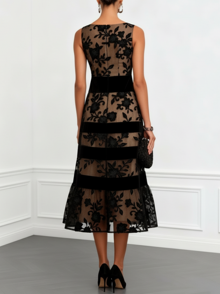 Solène | Black Tulle Sleeveless A-Line Midi Dress with Floral Print