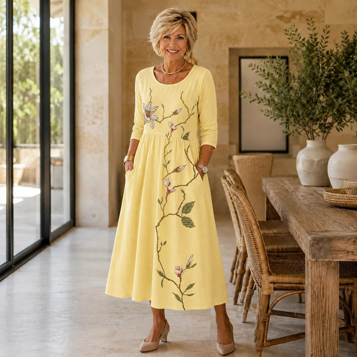 Golden Blossom Pocket Midi Dress