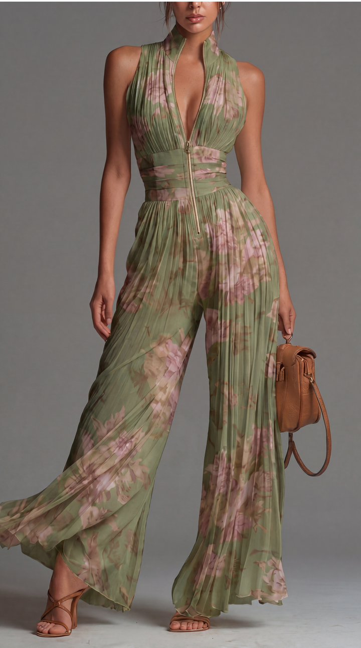 Pleated Floral Chiffon Jumpsuit