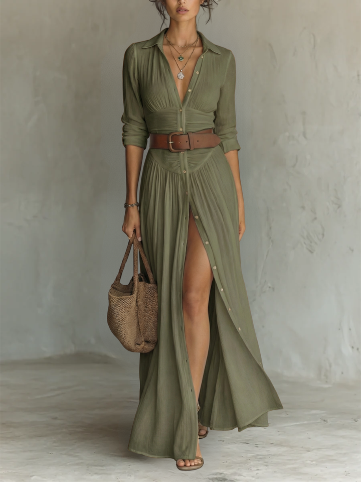 Long Maxi Dress with Notched Collar and Long Sleeves for Women
