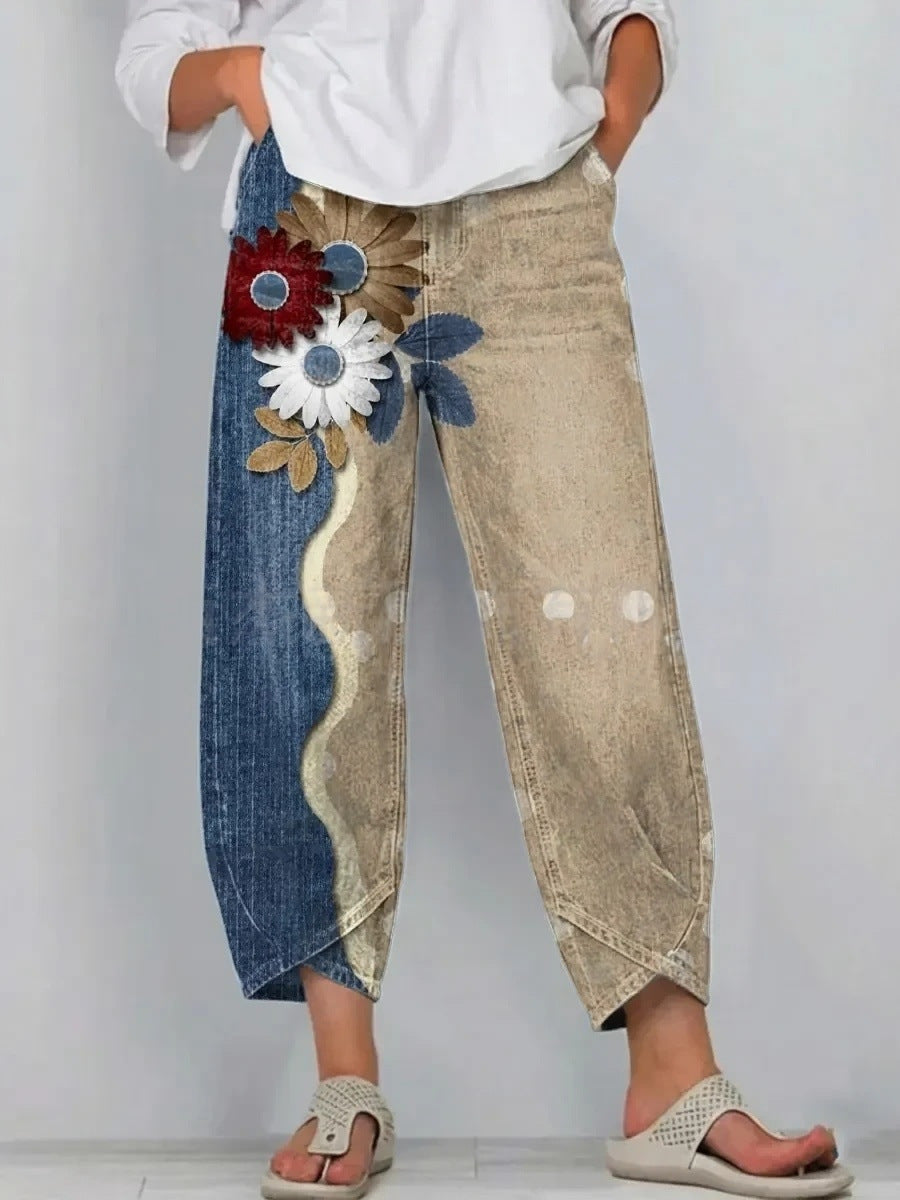 Anemone | Casual Comfort Trousers - Denim &amp; Sand Bloom