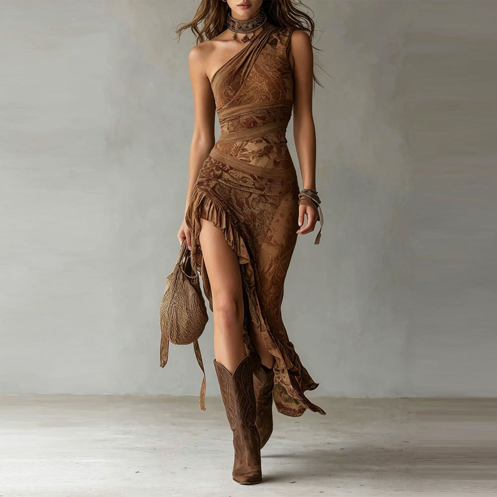 Elena™ | Asymmetric Maxi Dress with Bold Print and Ruffled Slit