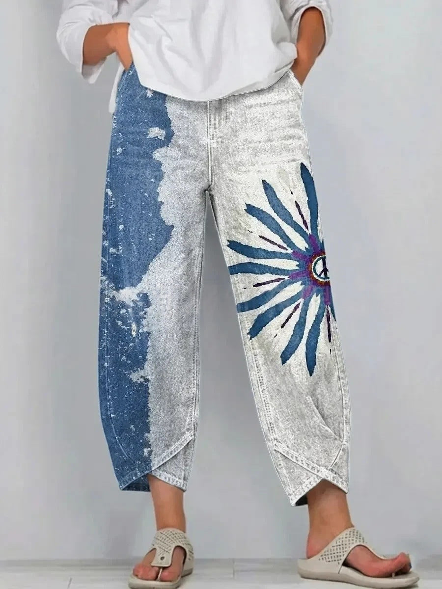 Cornflower | Casual Comfort Trousers - Denim &amp; White Bloom