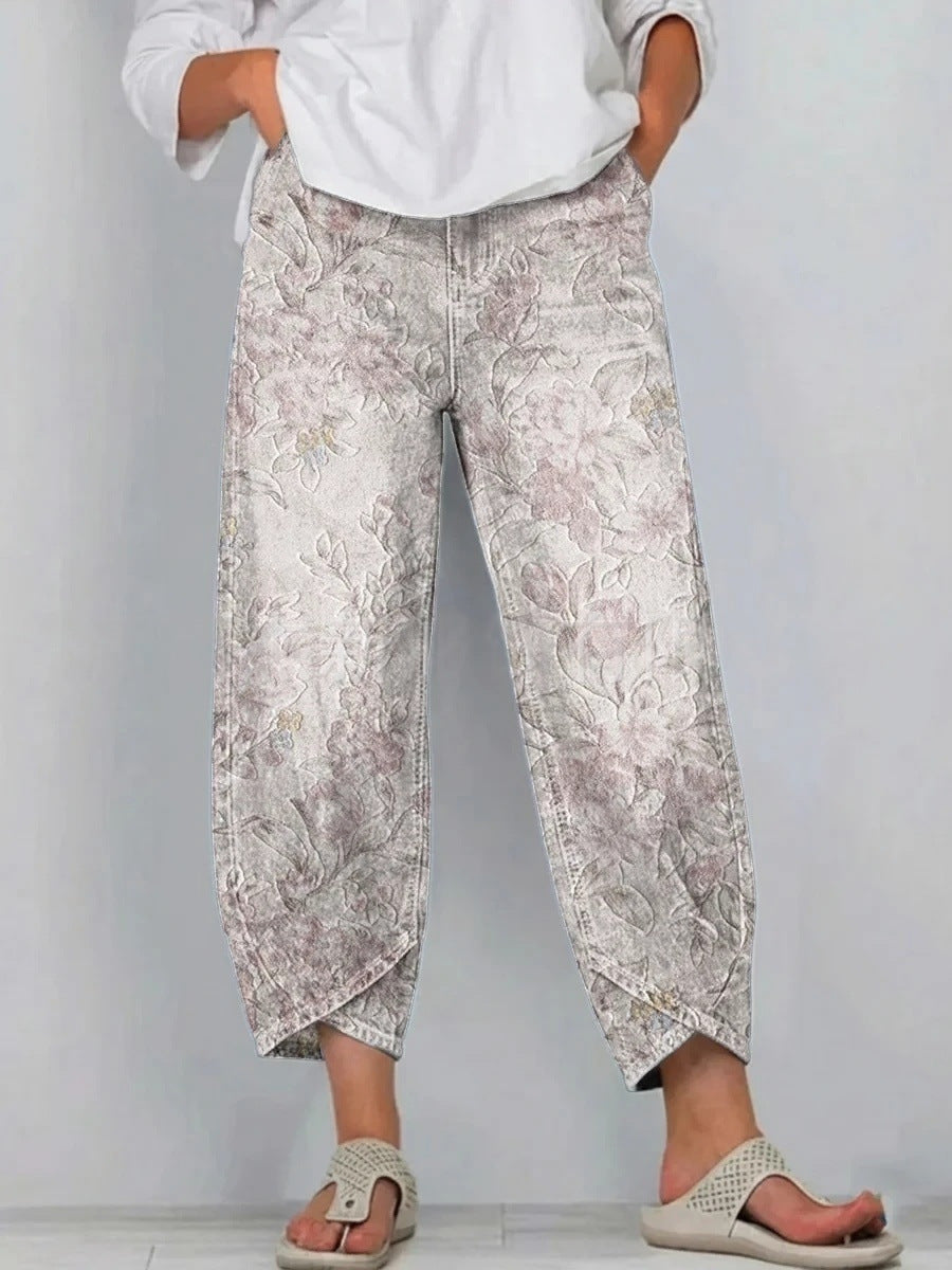 Snowdrop | Casual Comfort Trousers - Soft Grey Floral