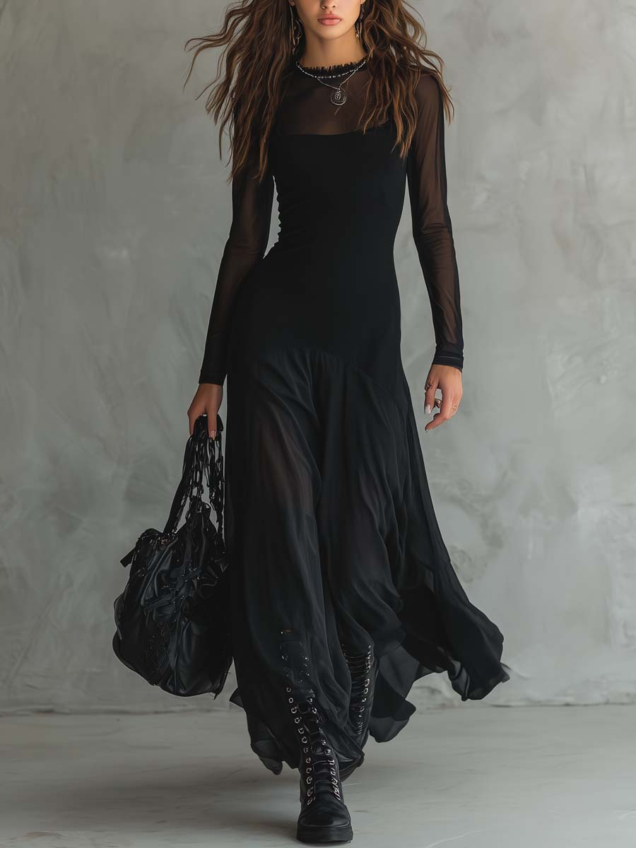 Black Loose-Fit Tulle Maxi Dress