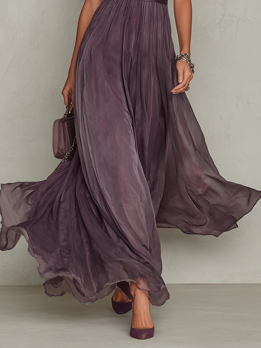 Flavia • Long Purple Dress with Keyhole Neckline &amp; Chiffon Lace Trim