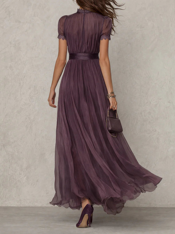 Flavia • Long Purple Dress with Keyhole Neckline &amp; Chiffon Lace Trim