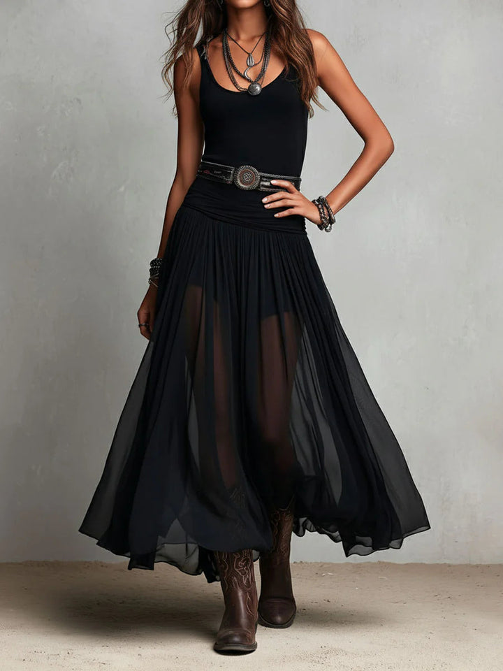 Thaïs | Black Sleeveless Maxi Dress with Tulle Skirt (Belt Included)