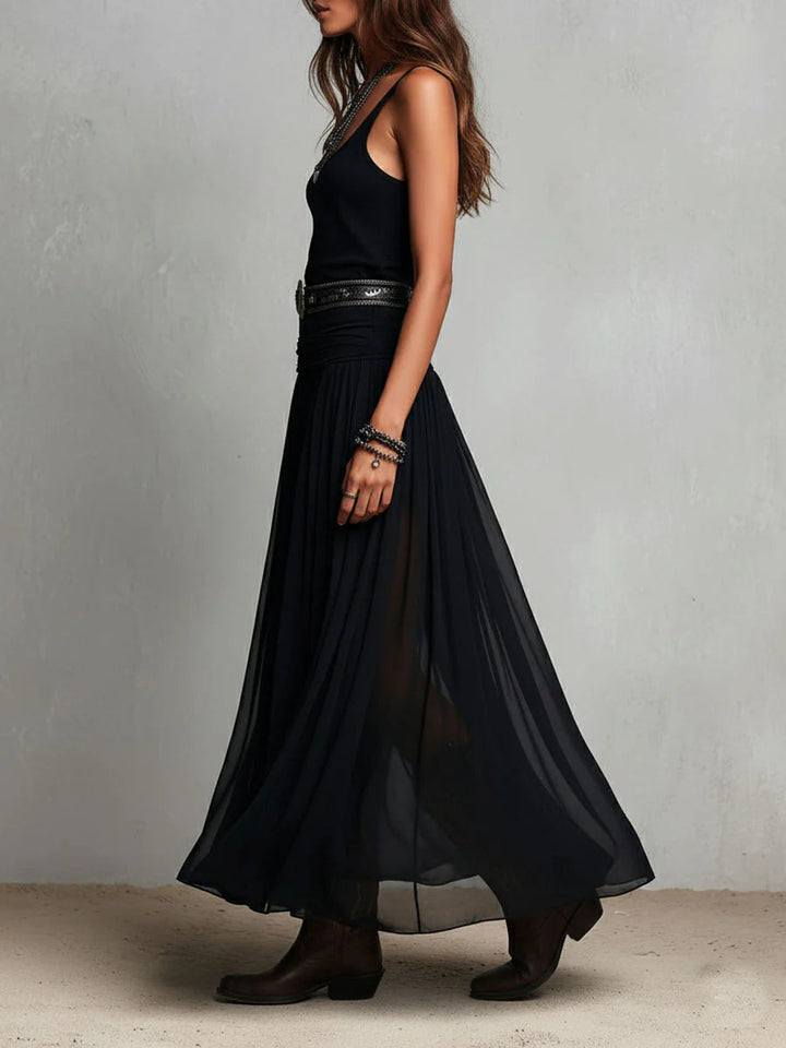 Thaïs | Black Sleeveless Maxi Dress with Tulle Skirt (Belt Included)