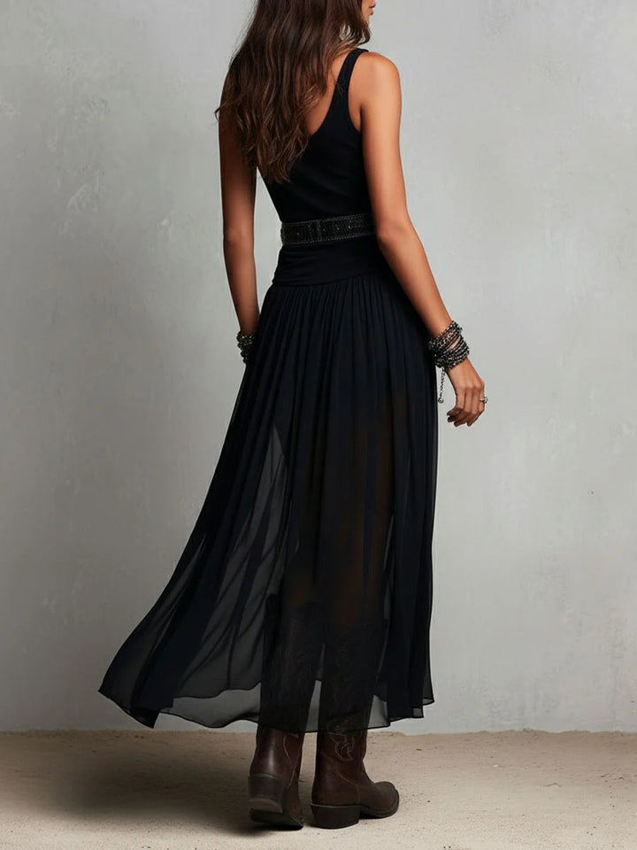Thaïs | Black Sleeveless Maxi Dress with Tulle Skirt (Belt Included)