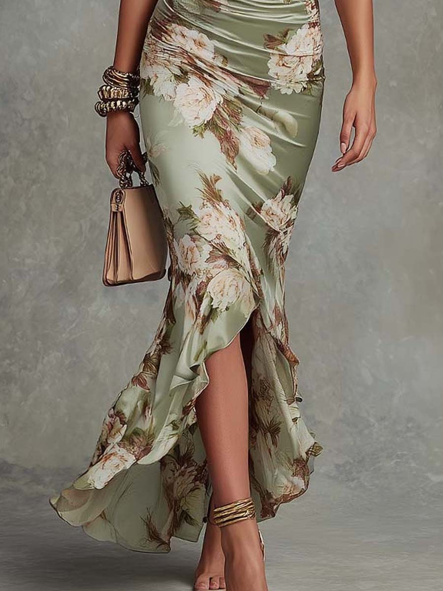 Anne™ | Green Satin Asymmetric Maxi Dress with V-Neck, Puff Sleeves and Floral Print