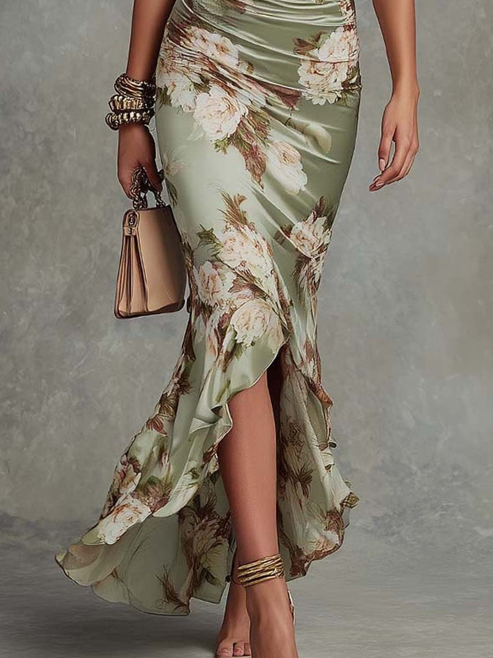 Anne™ | Green Satin Asymmetric Maxi Dress with V-Neck, Puff Sleeves and Floral Print