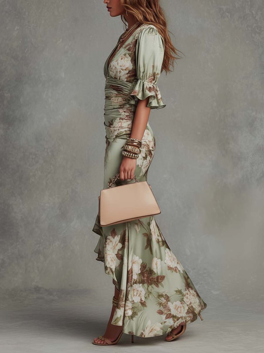 Anne™ | Green Satin Asymmetric Maxi Dress with V-Neck, Puff Sleeves and Floral Print