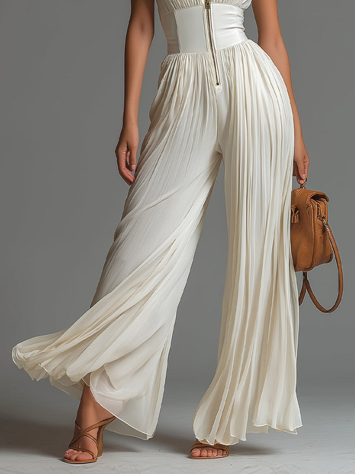 Léa™ | White Chiffon Jumpsuit with V-Neck, Sleeveless and Wide Legs