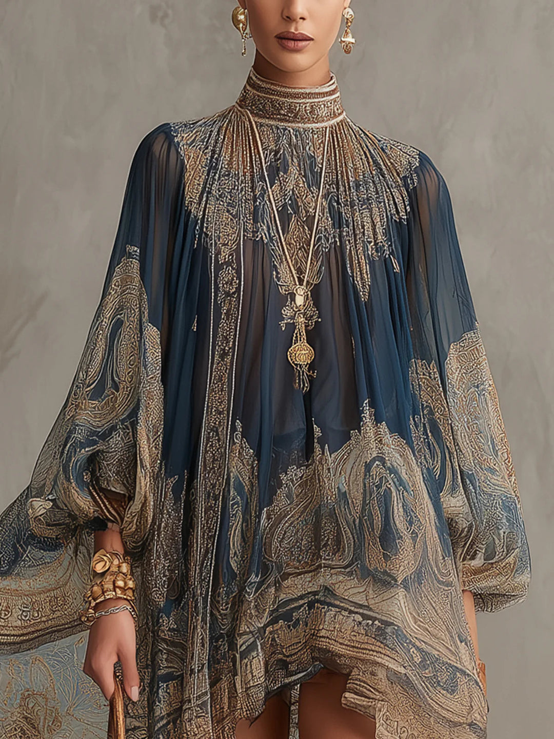 Agathe | Navy Chiffon Asymmetric Mini Dress with High Neck and Baroque Print