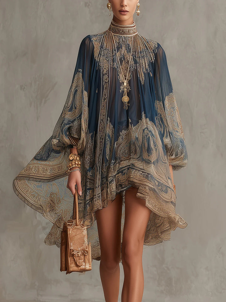 Agathe | Navy Chiffon Asymmetric Mini Dress with High Neck and Baroque Print
