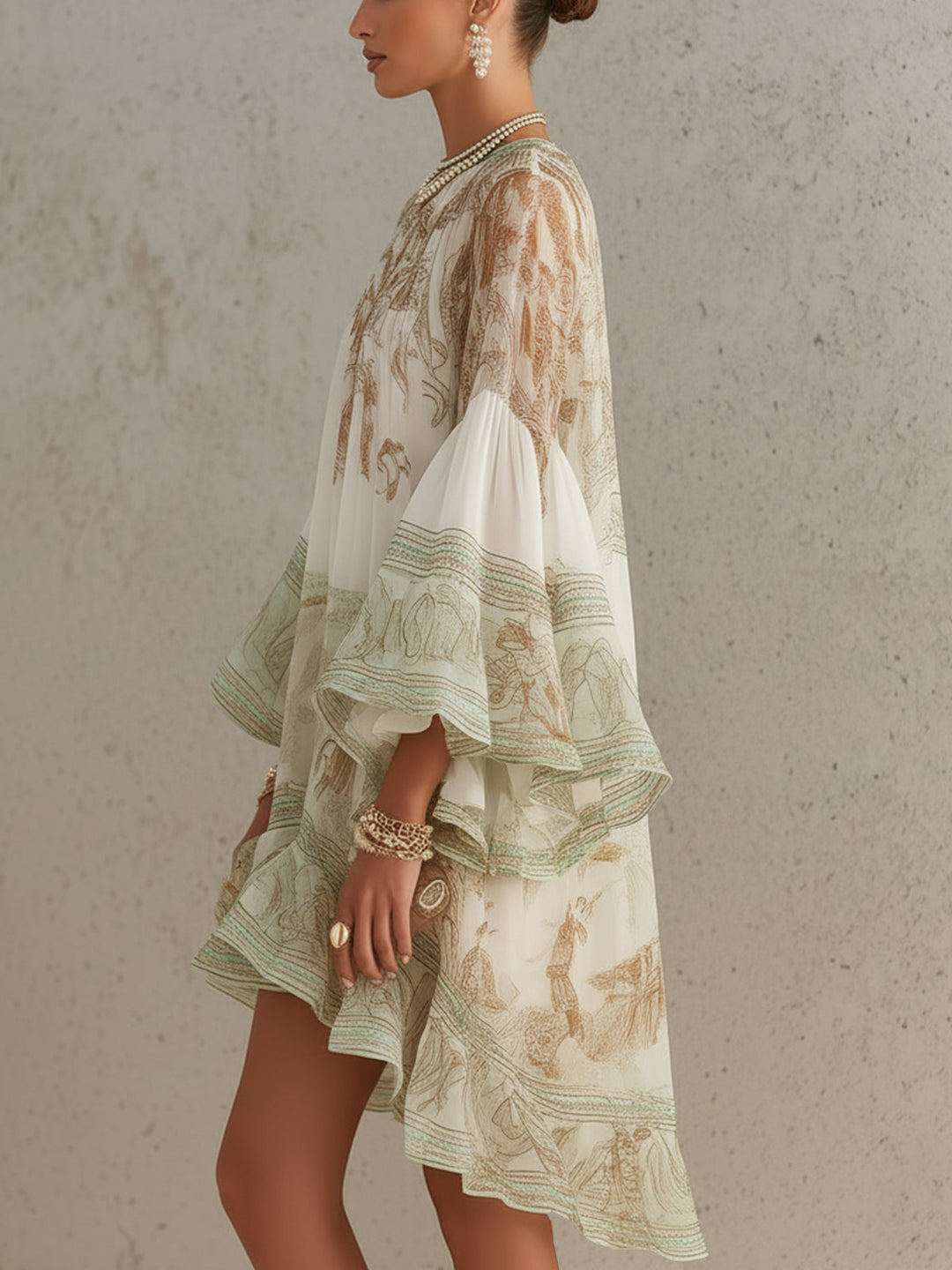 Solange | Green Chiffon Asymmetric Mini Dress with Ruffles and Bell Sleeves