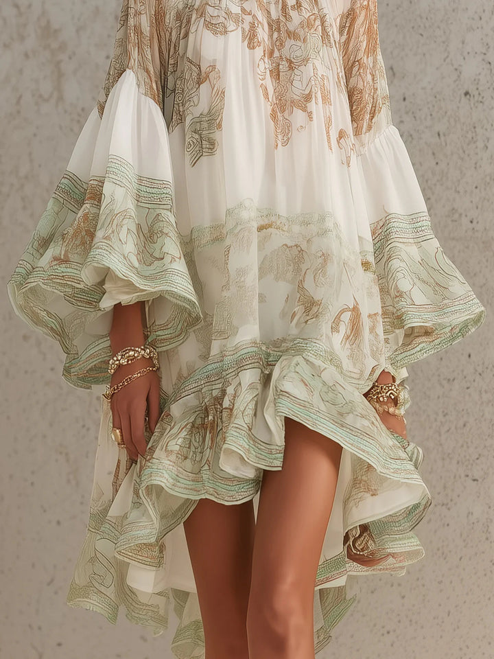 Solange | Green Chiffon Asymmetric Mini Dress with Ruffles and Bell Sleeves