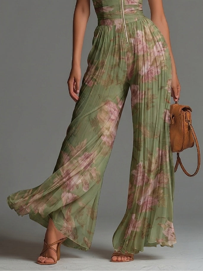 Charlotte™ | Flowing Pleated Jumpsuit with Green Floral Print