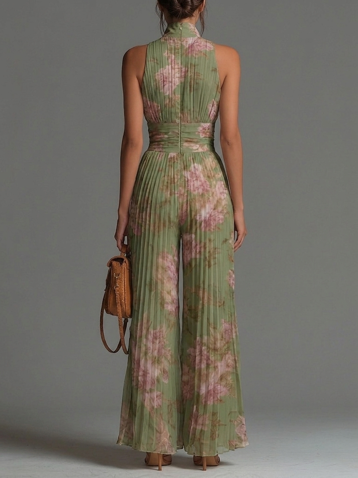 Charlotte™ | Flowing Pleated Jumpsuit with Green Floral Print