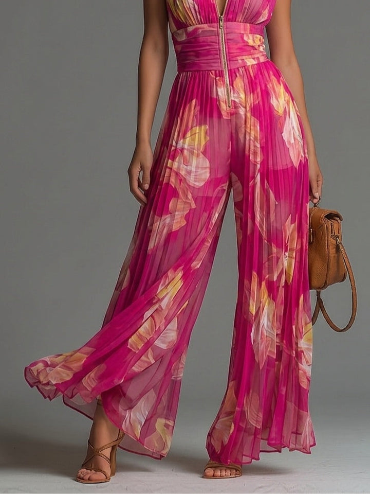 Grace Jumpsuit | Fuchsia Floral Pleated Chiffon