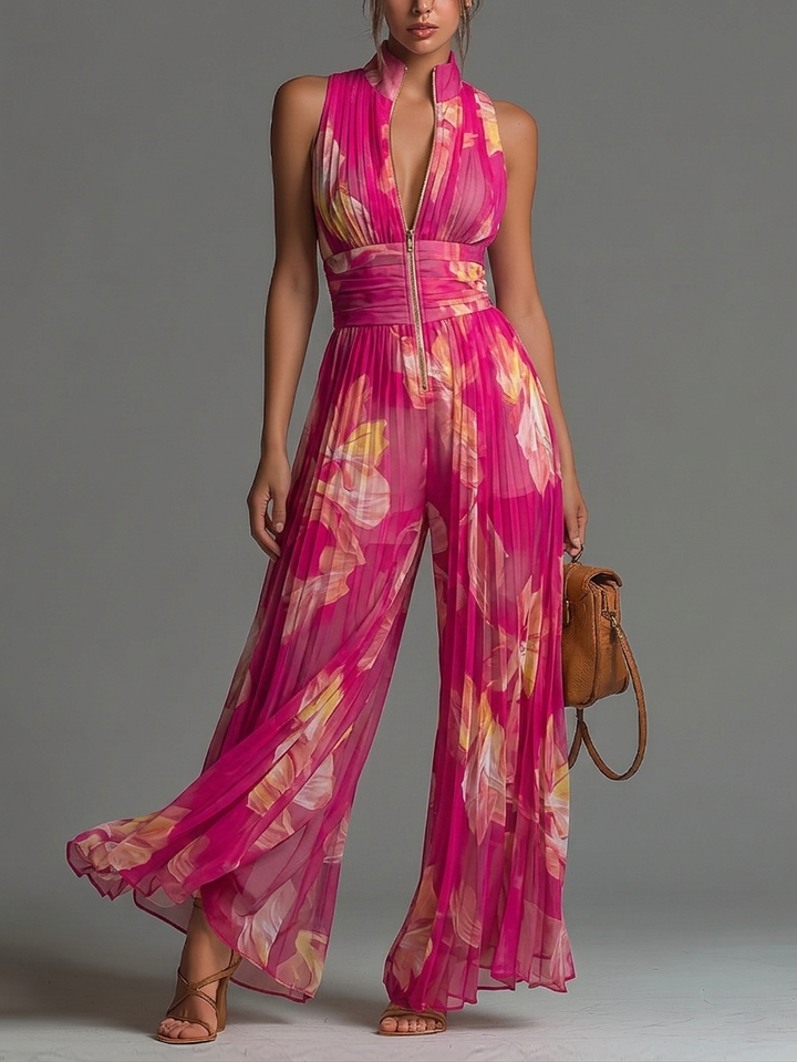 Fuchsia Floral Pleated Chiffon Jumpsuit
