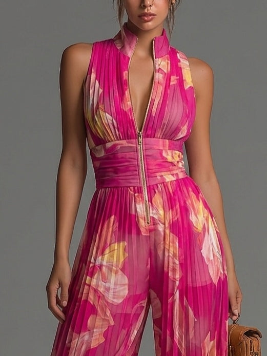 Grace Jumpsuit | Fuchsia Floral Pleated Chiffon