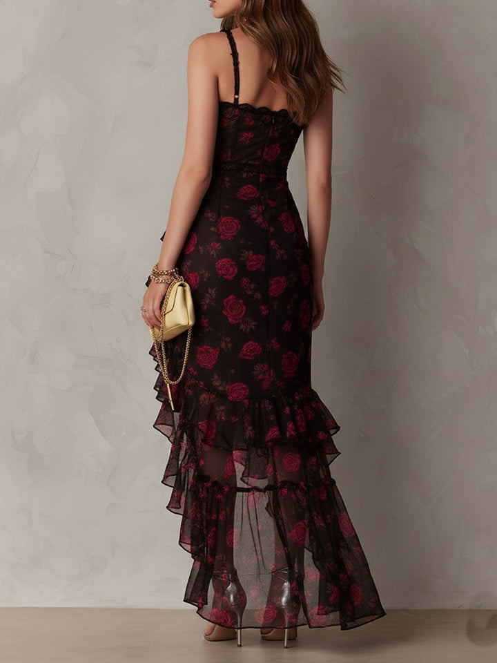 Edith | Black and Red Draped Floral Mini Dress with Ruffled Hem