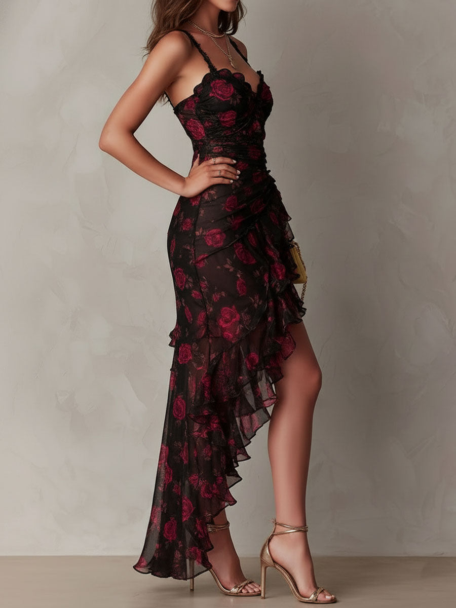 Edith | Black and Red Draped Floral Mini Dress with Ruffled Hem