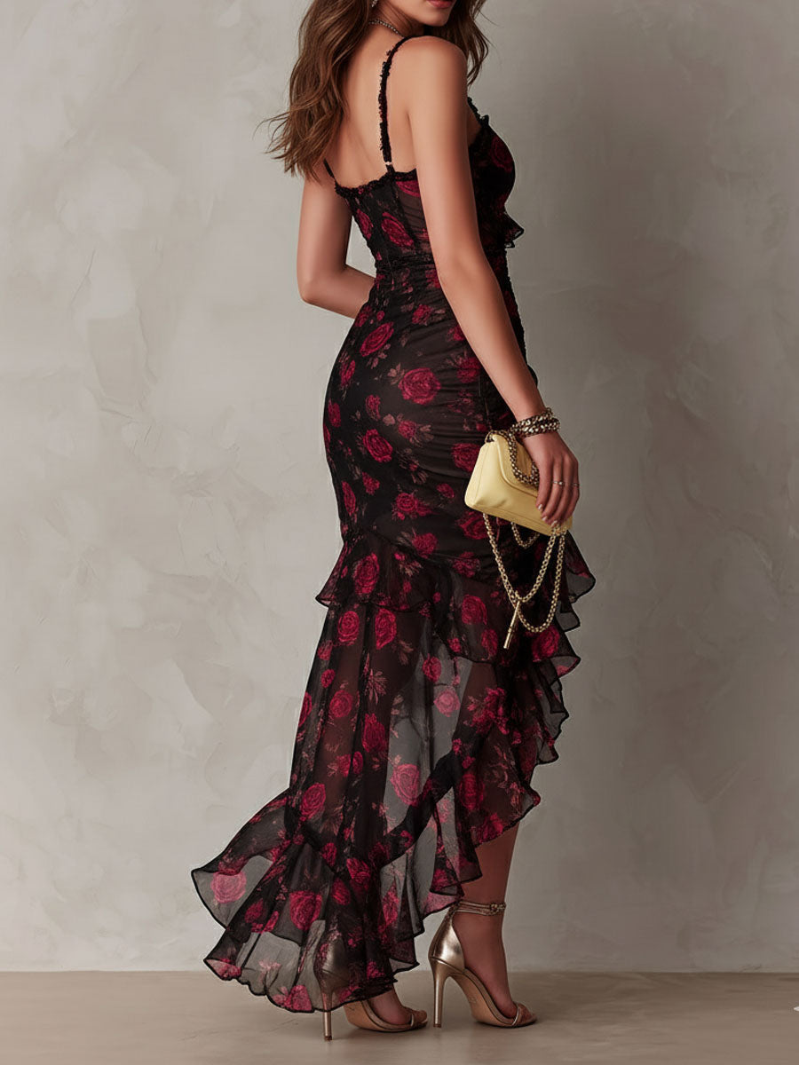 Edith | Black and Red Draped Floral Mini Dress with Ruffled Hem