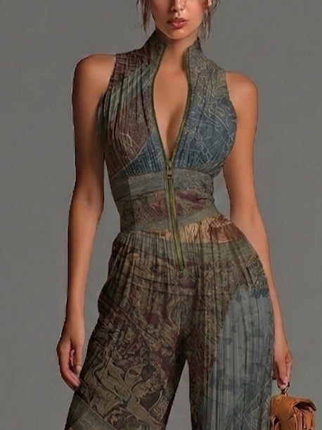 Camille™ | Flowing Pleated Jumpsuit with Bohemian Print