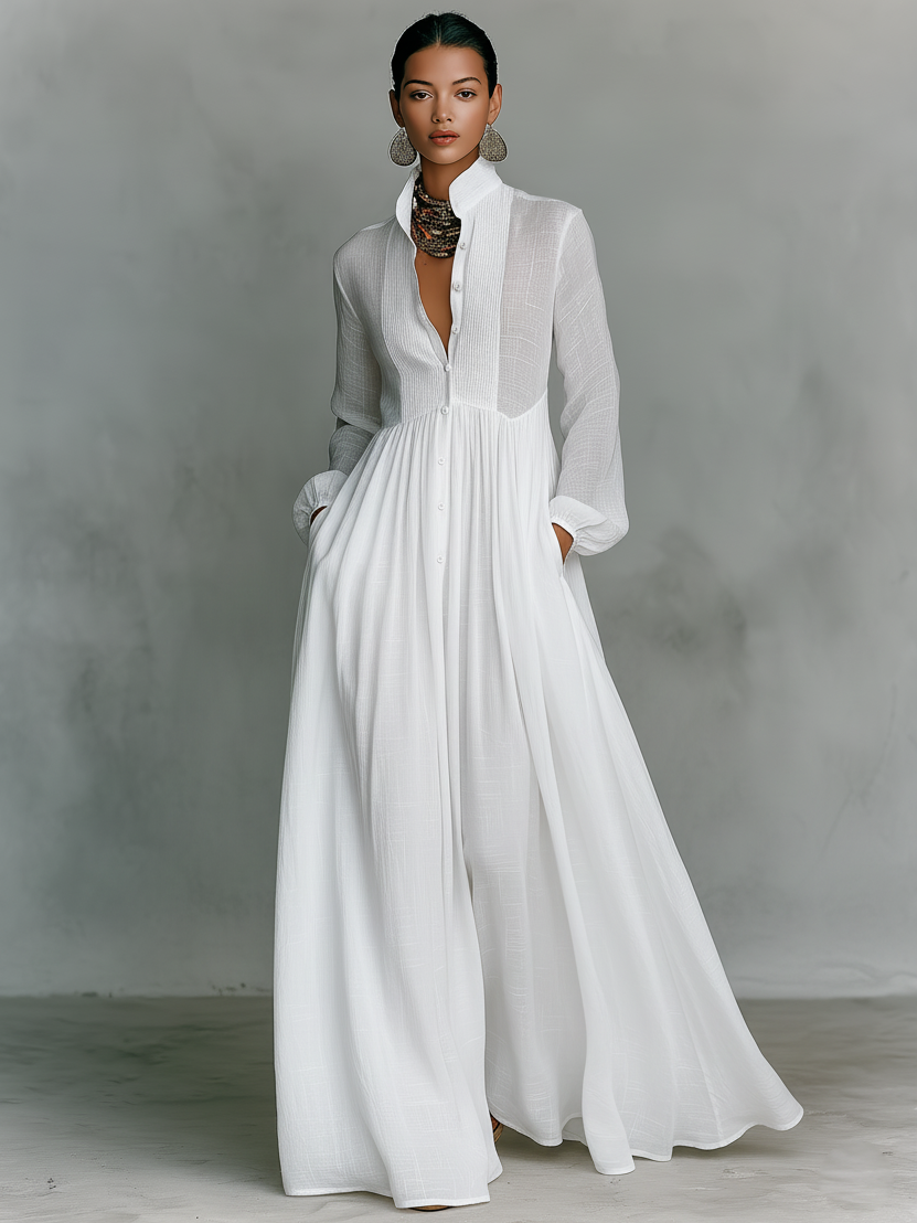 Maxi Minimalist Dress in Cotton &amp; Linen with Patchwork, High Collar and Long Sleeves