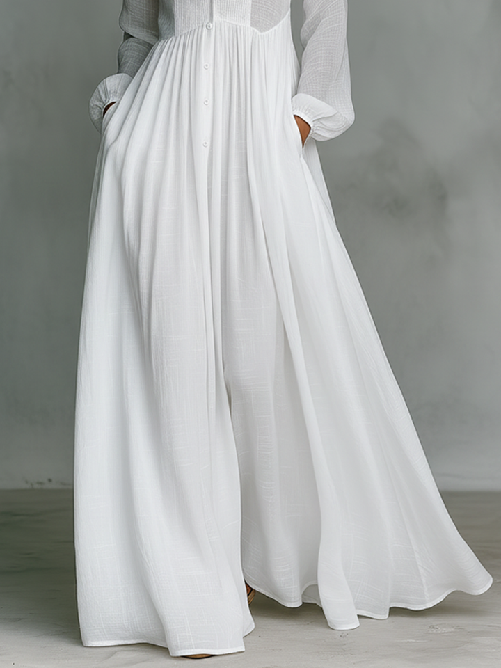 Maxi Minimalist Dress in Cotton &amp; Linen with Patchwork, High Collar and Long Sleeves