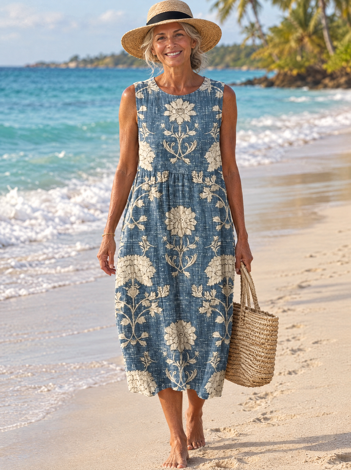 Azura | Blue Damask Midi Dress