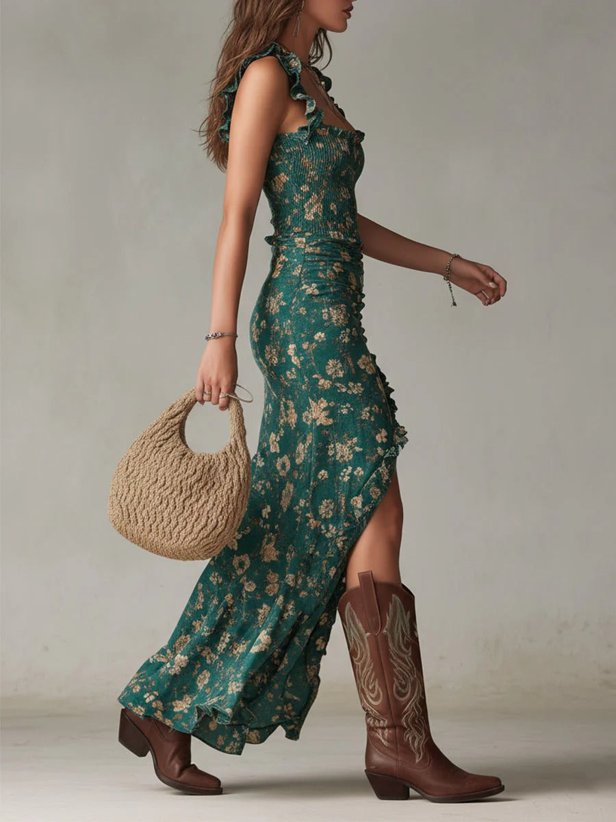 Zara™ | Bohemian Gathered Maxi Dress with Floral Print and Side Slit