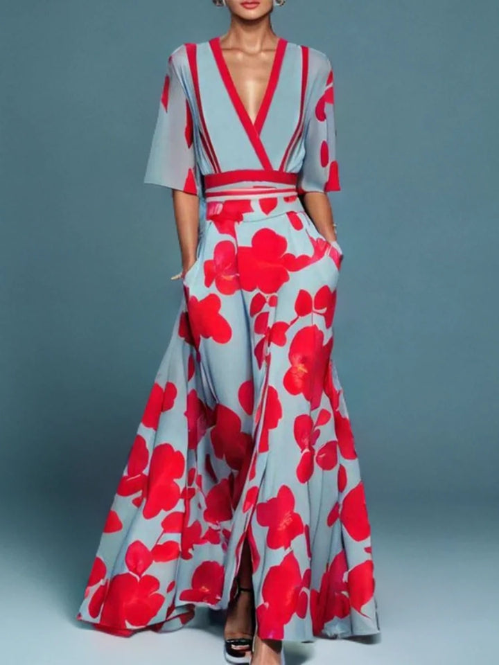 Corinne | V Neck Short Sleeve Floral Maxi Dress
